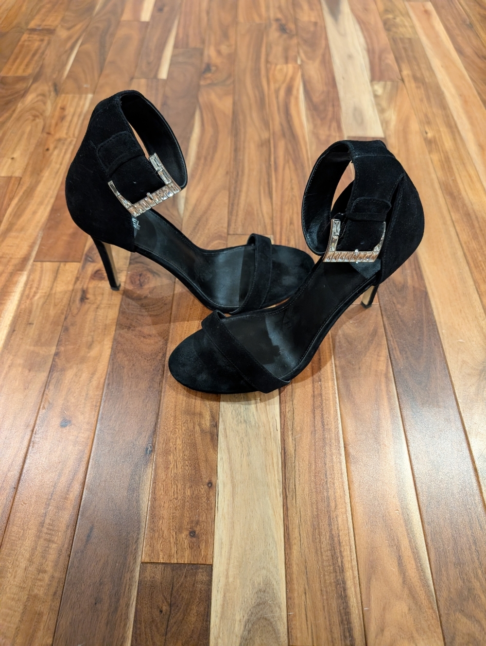 MICHAEL Michael Kors Black Suede Ankle-Strap Stilettos with Crystal Buckles